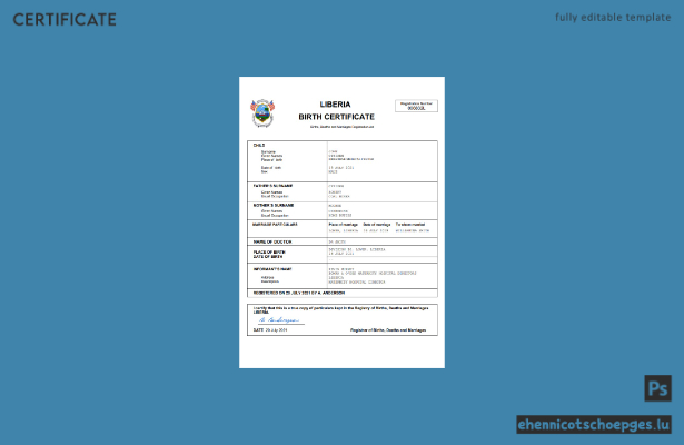 Liberianische Geburtsurkunde (Word- und PDF-Beispiel)